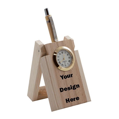Light-Wooden-Vertical-Single-Pen-Stand-With-Watch-Quick-Customizable